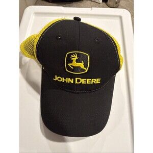 John Deere Mesh Trucker Snapback Hat Cap Black Yellow Embroidered OSFM